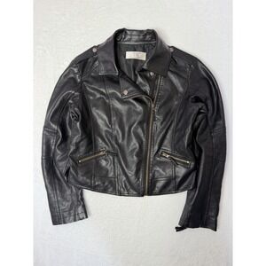 Black Moto Jacket Women's Size Small Faux Leather Cropped Biker Streetwear Goth
